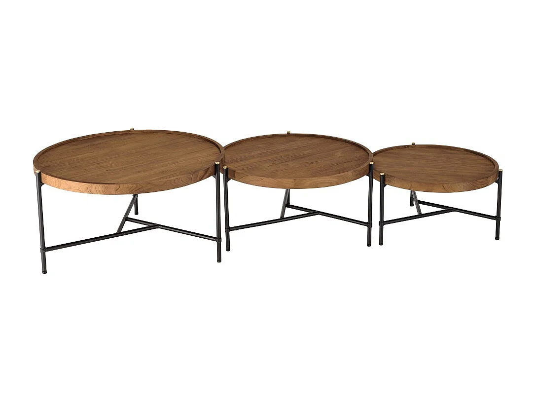 SIXTINE - Set de 3 tables basses tripodes rondes bois de teck recyclé