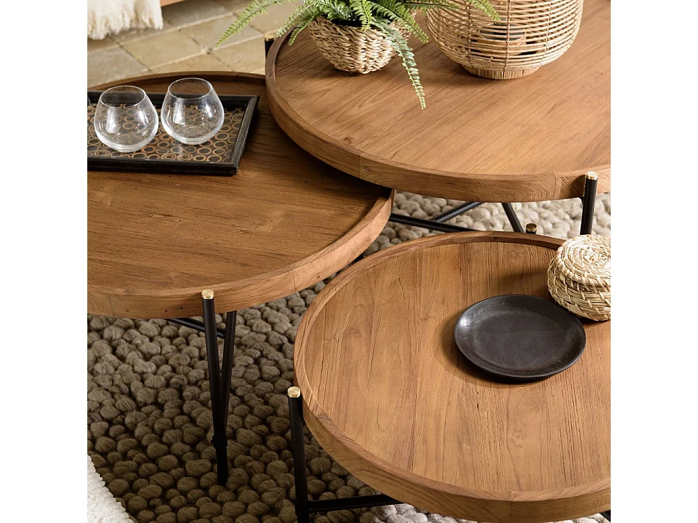 SIXTINE - Set de 3 tables basses tripodes rondes bois de teck recyclé