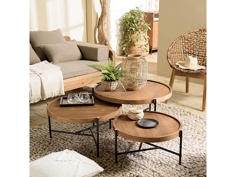 SIXTINE - Set de 3 tables basses tripodes rondes bois de teck recyclé