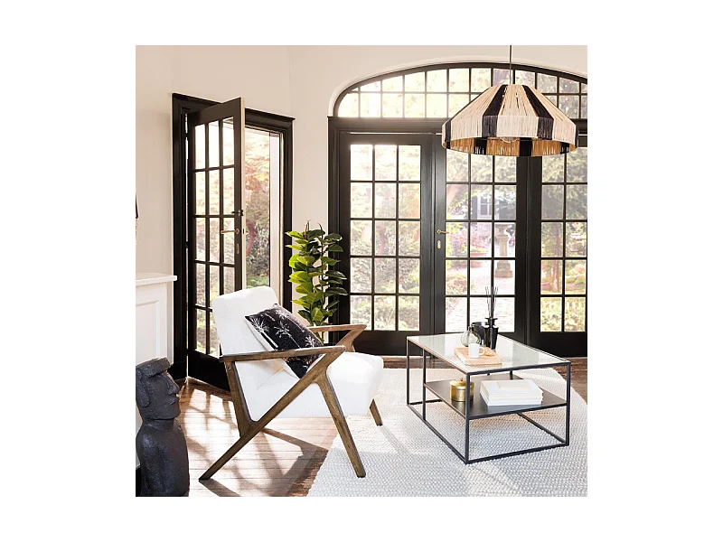 Fauteuil en Bois d'Hévéa et tissu Blanc Ivoire