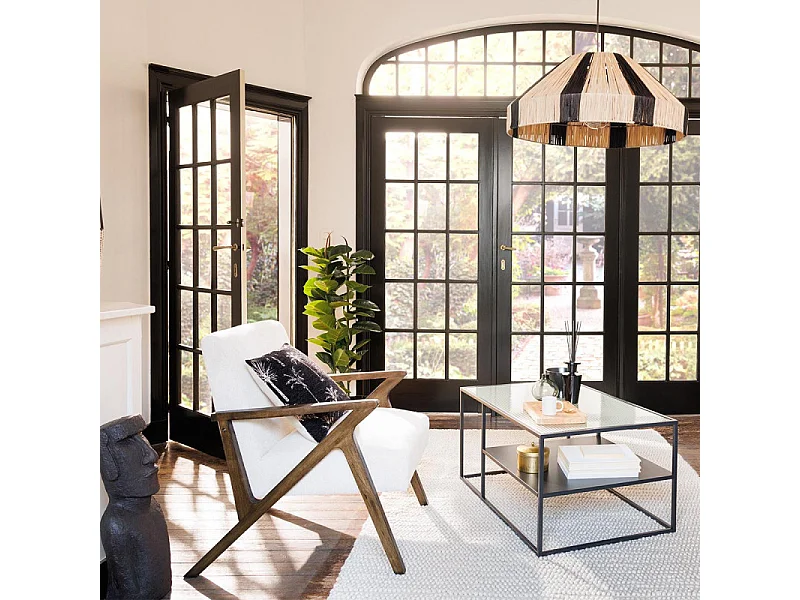 Fauteuil en Bois d'Hévéa et tissu Blanc Ivoire