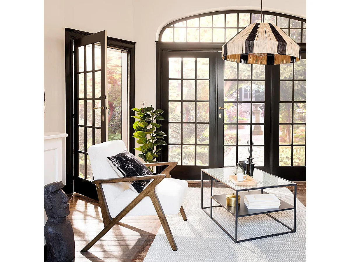 Fauteuil en Bois d'Hévéa et tissu Blanc Ivoire