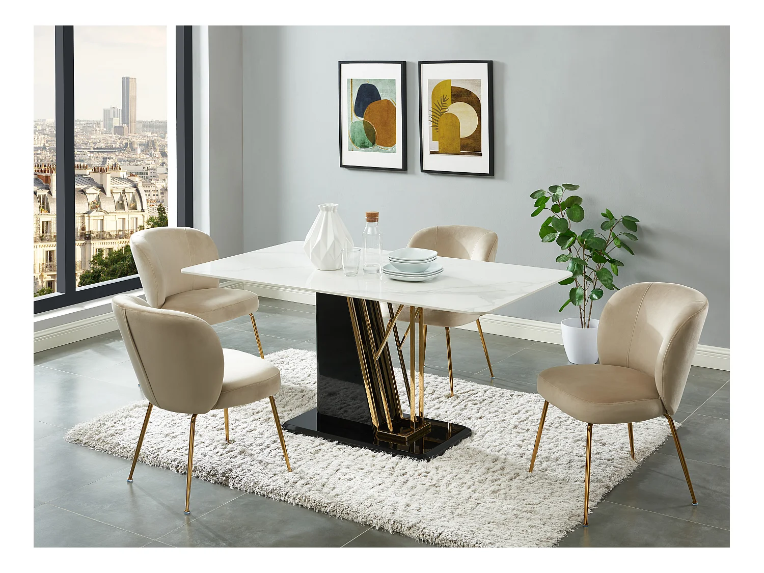 Lot de 6 chaises en velours et métal doré - Beige - POLPONA