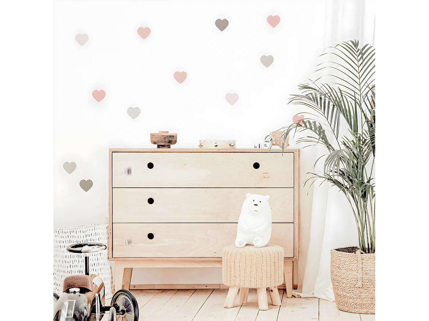 Stickers muraux en vinyle coeurs rose et gris tourterelle