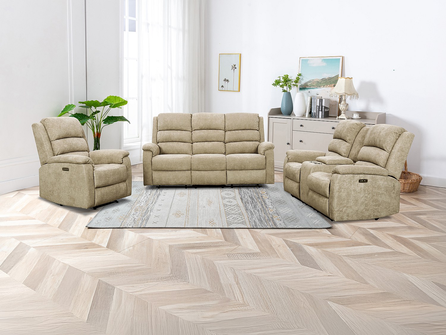 Canapés 3 places 2 places et un fauteuil relax électrique en tissu taupe NEVERS