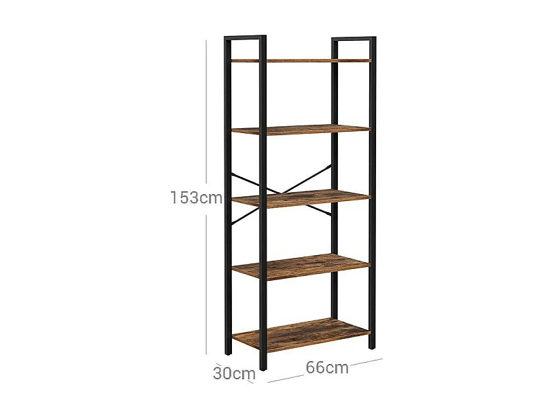 Estante de 5 andares com estrutura de aço para sala de estar entrada de escritório estilo industrial 153 cm rústico marrom e preto 12_0002829