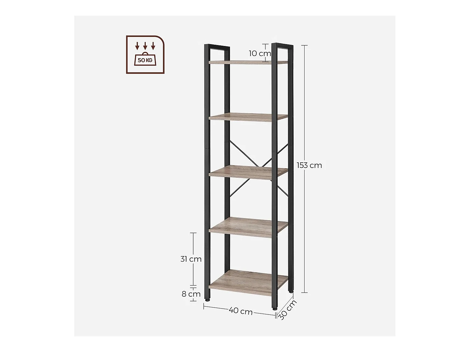 Étagère à 5 niveaux noire 40 x 30 x 153 cm 12_0002793