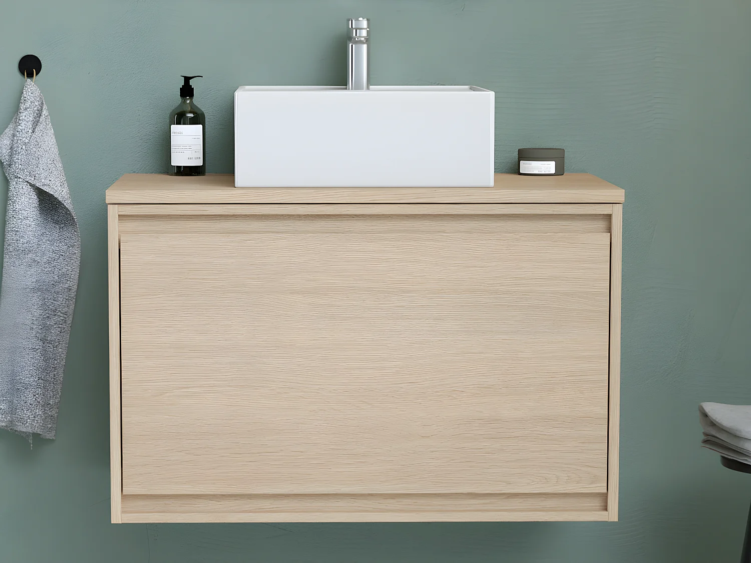 Waschbeckenunterschrank hängend mit Aufsatzwaschbecken aus Keramik - 80 cm - Eichenholzfurnier - MESLIVA