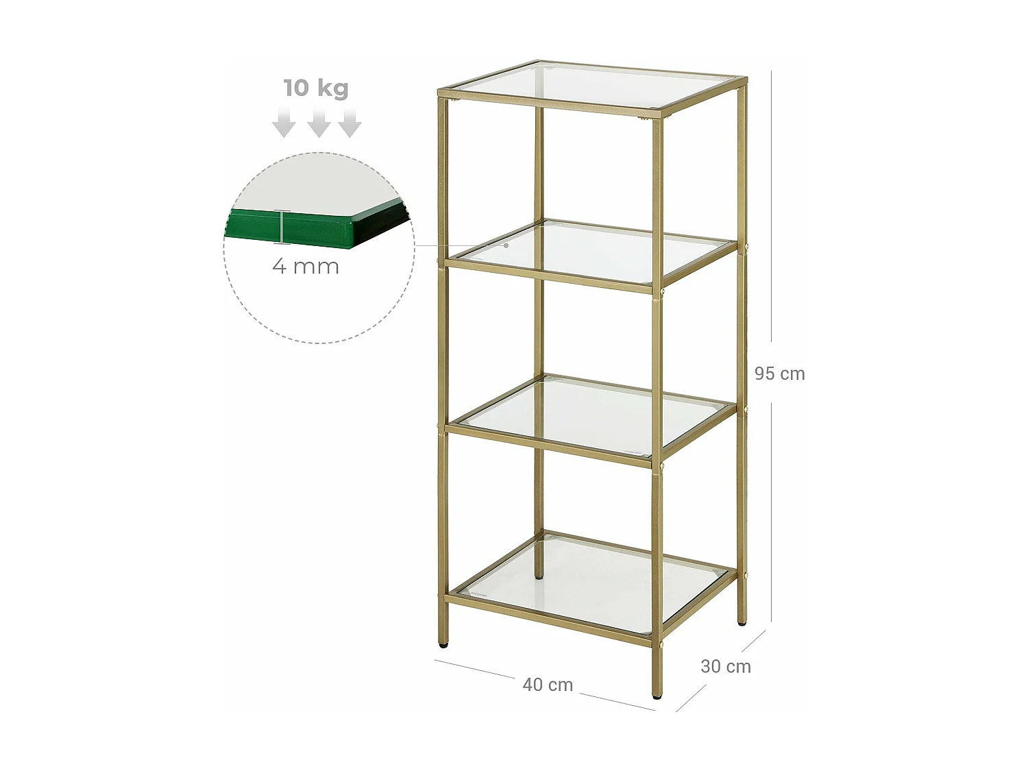 Scaffale per il bagno Mobile portaoggetti in vetro temperato a 4 livelli Robusto facile da montare 95 cm per Soggiorno Camera da letto Ufficio Oro 12_0002808