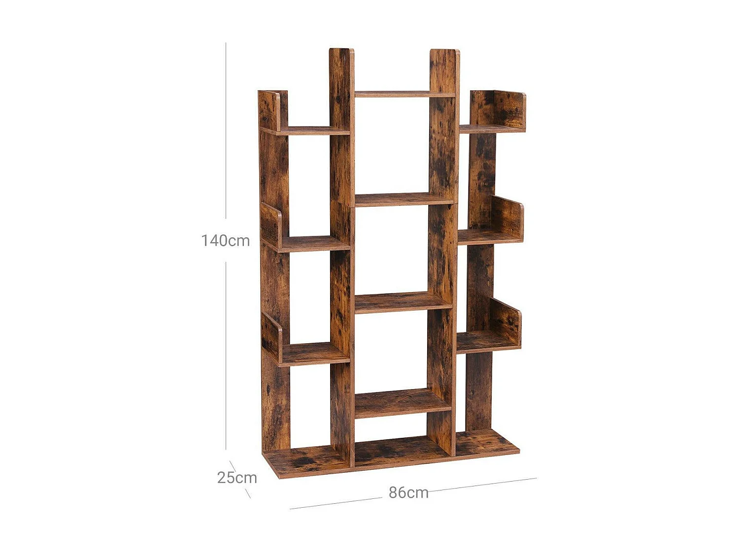 Scaffale ad albero libreria con contenitore a 13 scomparti 86 x 25 x 140 cm con angoli arrotondati e bordi rustici marrone 12_0002827