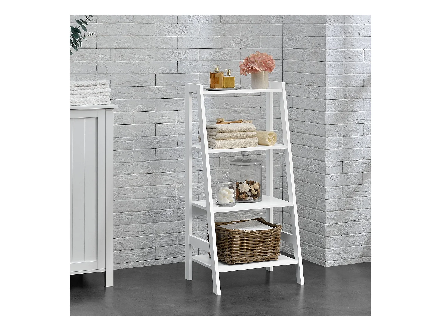 Prateleira de escada para móvel de banheiro formato de escada com 4 níveis MDF lacado 90 x 43 x 32 cm branco 03_0005175