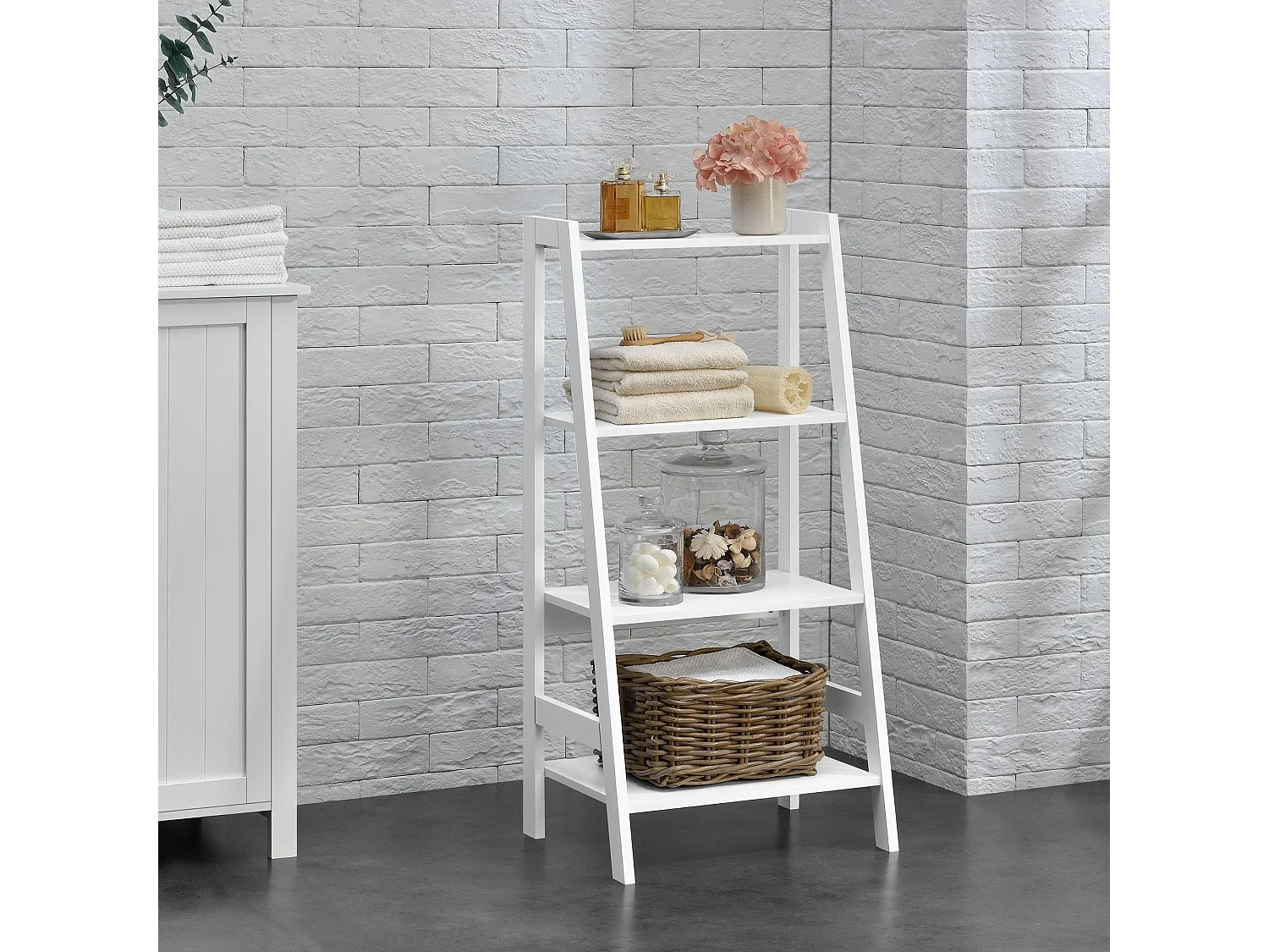 Prateleira de escada para móvel de banheiro formato de escada com 4 níveis MDF lacado 90 x 43 x 32 cm branco 03_0005175