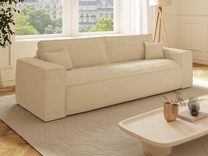 Sofa 3-Sitzer mit Matratze - Cord - Beige - Liegefläche 140 cm - Matratze 13 cm mit Memory Schaum - AMELIA