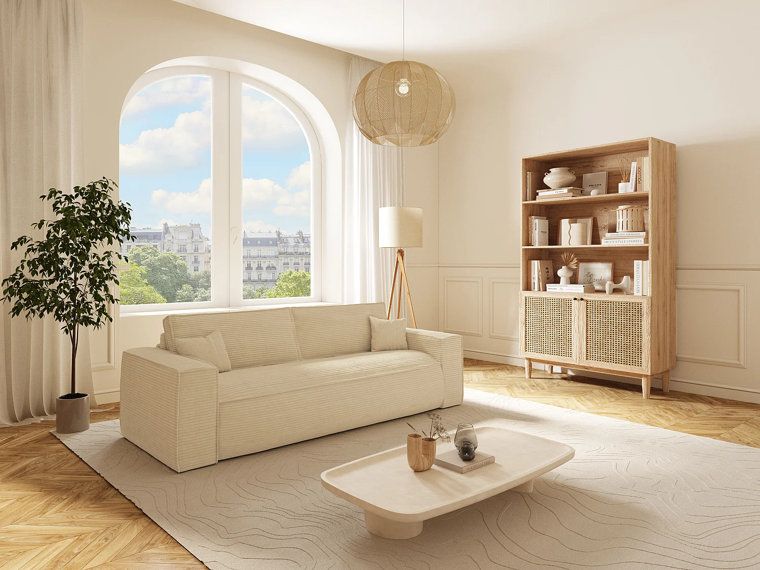 Canapé 3 places convertible express en velours côtelé beige - Couchage 140 cm - Matelas 13 cm avec mémoire de forme - AMELIA