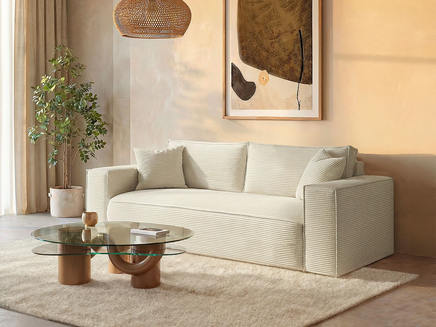 Canapé 3 places convertible express en velours côtelé beige - Couchage 140 cm - Matelas 13 cm avec mémoire de forme - AMELIA