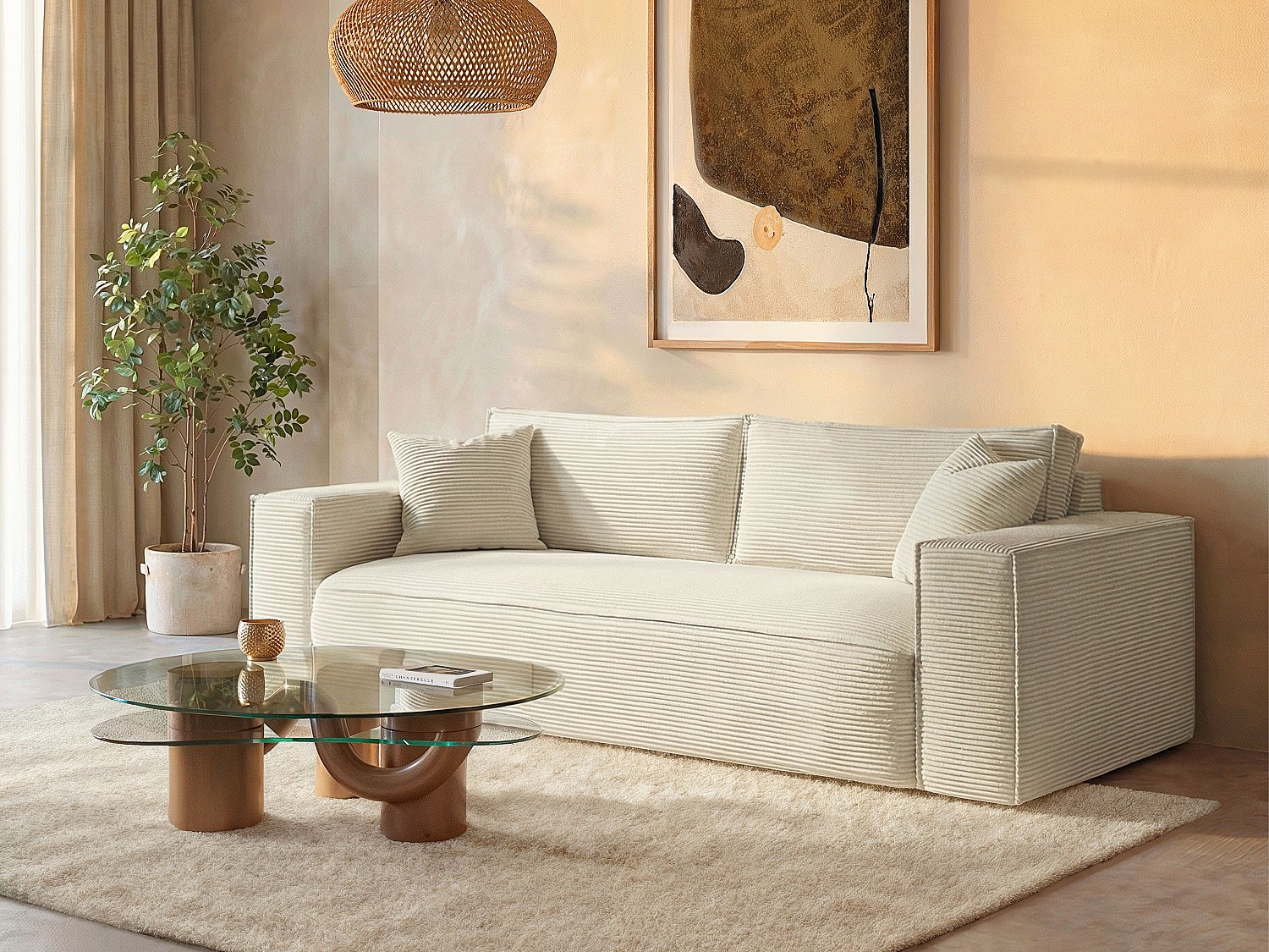 Sofa 4-Sitzer mit Matratze - Cord - Cremefarben - Liegefläche 160 cm - Matr günstig online kaufen