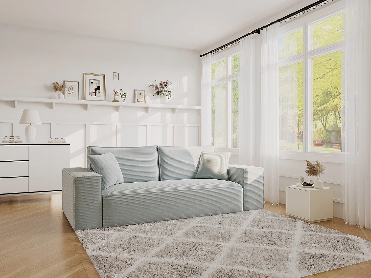 Canapé 3 places convertible express en velours côtelé gris - Couchage 140 cm - Matelas 13 cm avec mémoire de forme - AMELIA