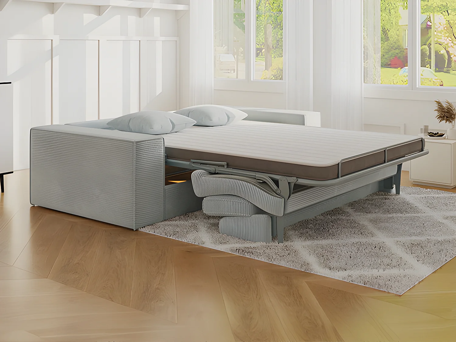 Canapé 3 places convertible express en velours côtelé gris - Couchage 140 cm - Matelas 13 cm avec mémoire de forme - AMELIA