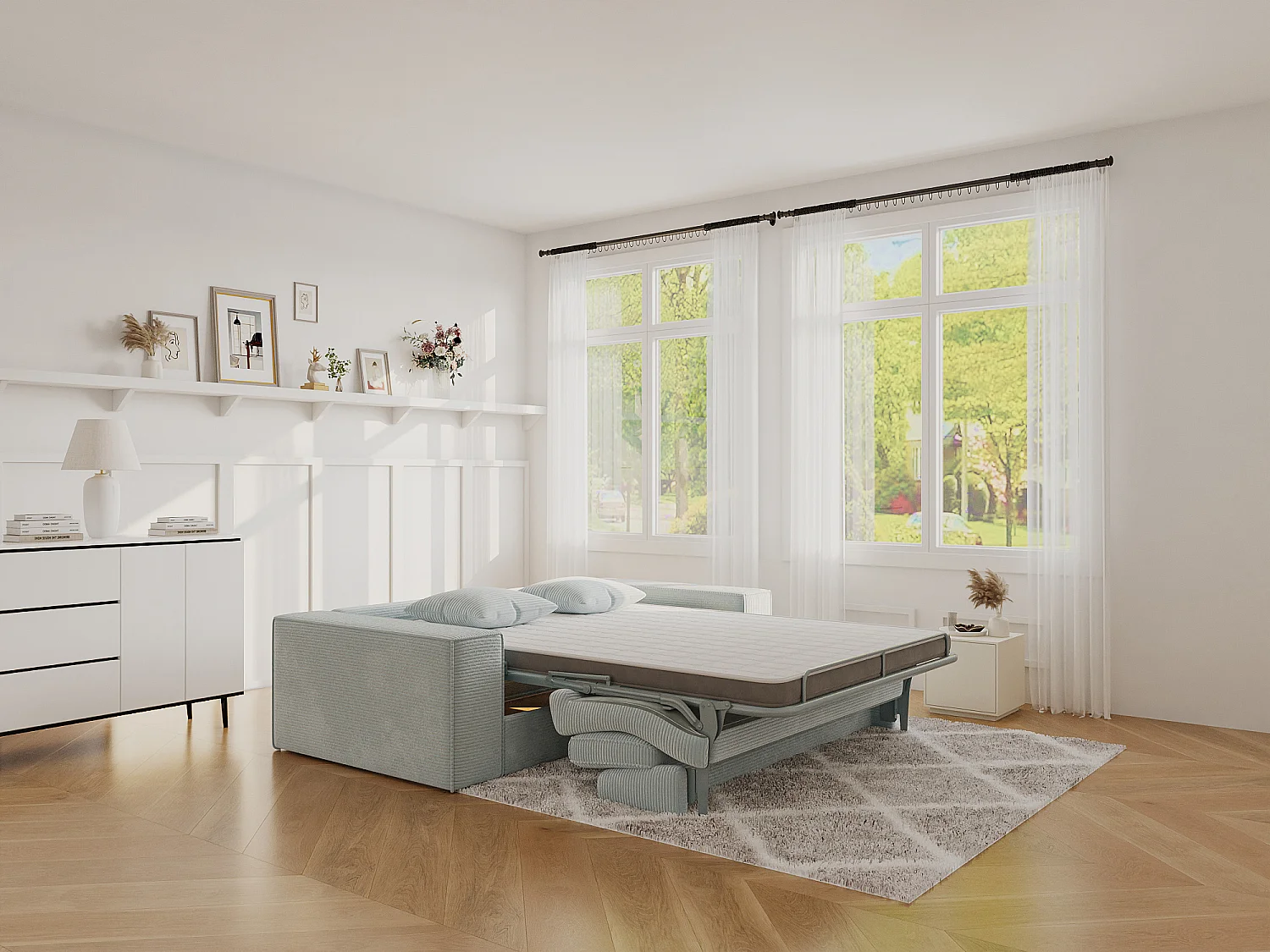 Canapé 3 places convertible express en velours côtelé gris - Couchage 140 cm - Matelas 13 cm avec mémoire de forme - AMELIA