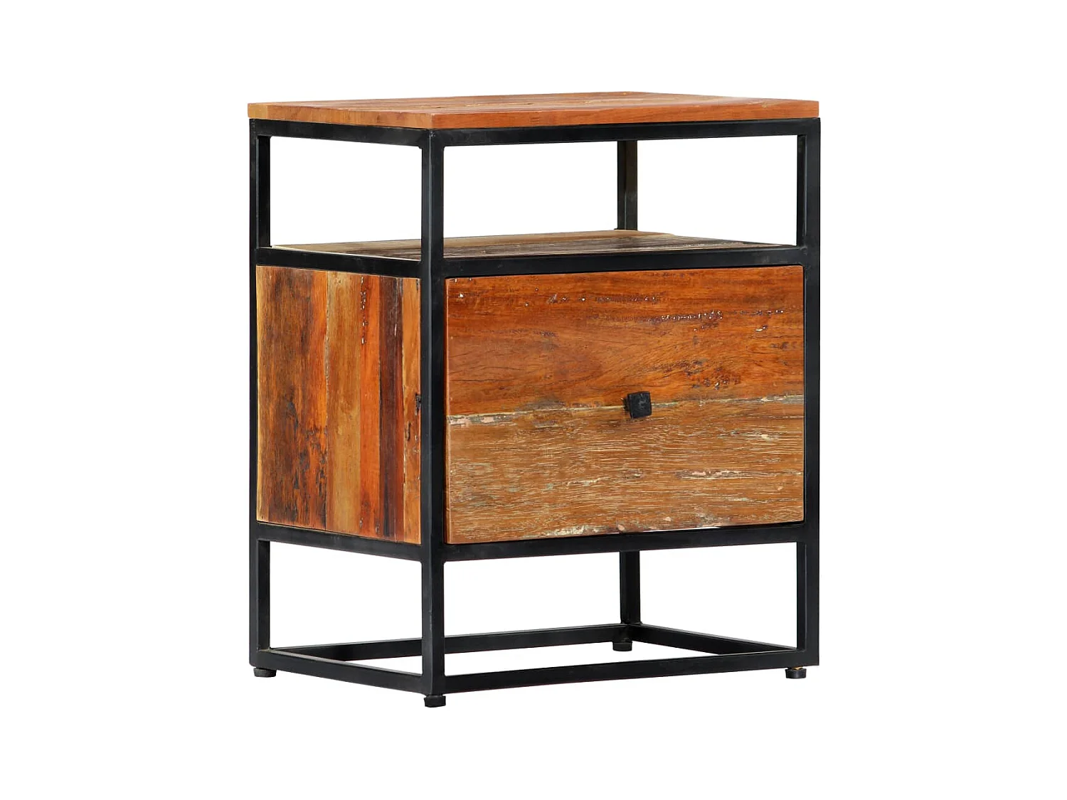 Comodino, cassettiera, mobile per camera da letto, 40 x 30 x 50 cm, legno di recupero e acciaio 1402037