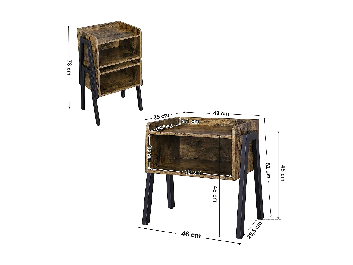 Mesita de noche Mesita de noche 42 x 35 x 52 cm Mesa de centro apilable con compartimento de almacenamiento abierto Patas de metal retro vintage 12_0001039