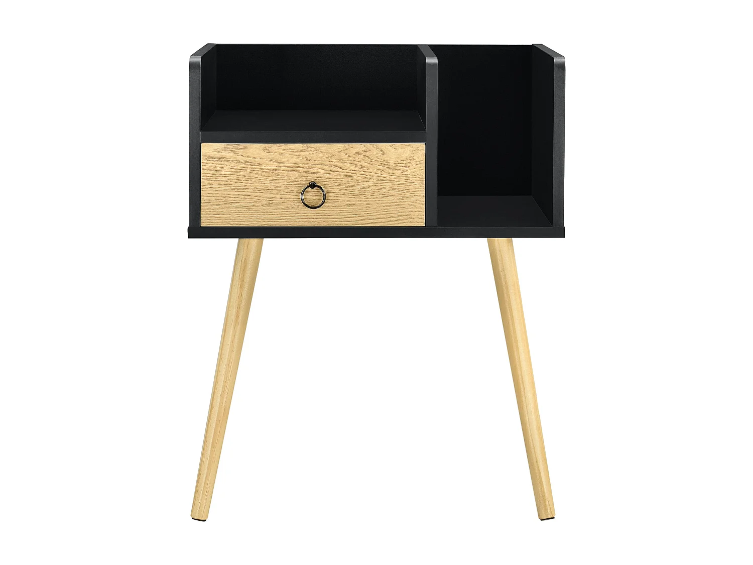 Comodino con cassetto e 2 piani portaoggetti comodino cassettiera pannello in particelle di legno gambe in pino 64x50x36 cm effetto legno nero 03_0004230