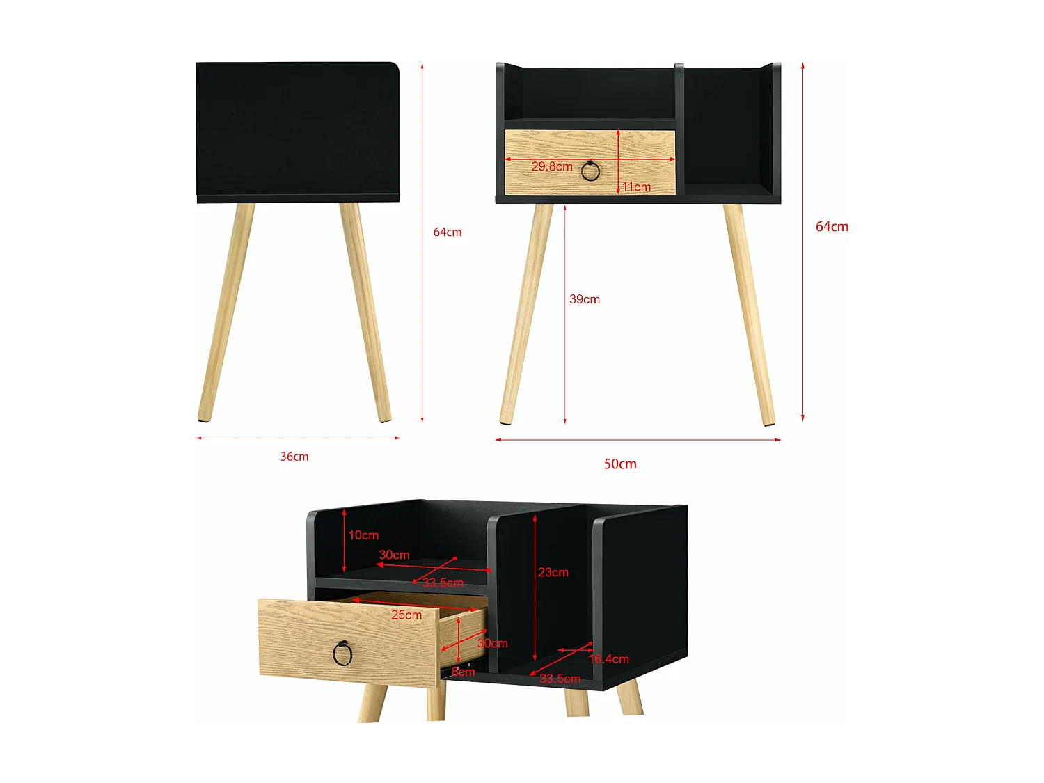 Comodino con cassetto e 2 piani portaoggetti comodino cassettiera pannello in particelle di legno gambe in pino 64x50x36 cm effetto legno nero 03_0004230