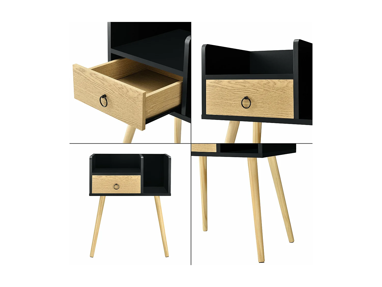 Comodino con cassetto e 2 piani portaoggetti comodino cassettiera pannello in particelle di legno gambe in pino 64x50x36 cm effetto legno nero 03_0004230