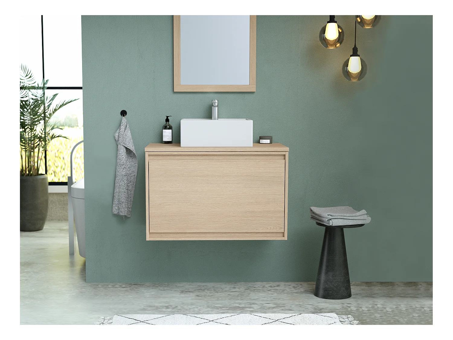 Meuble sous vasque avec tiroir à l'anglaise et planche - 80 cm - Placage chêne - MESLIVA