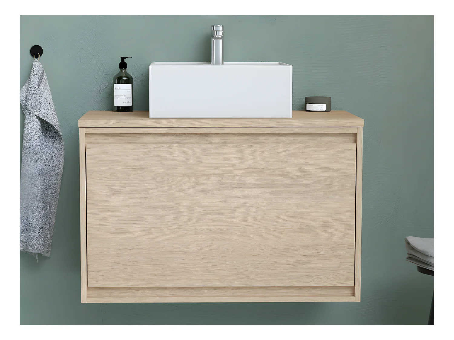 Meuble sous vasque avec tiroir à l'anglaise et planche - 80 cm - Placage chêne - MESLIVA