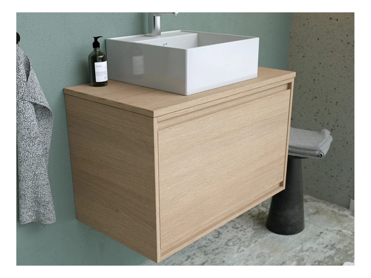 Meuble sous vasque avec tiroir à l'anglaise et planche - 80 cm - Placage chêne - MESLIVA