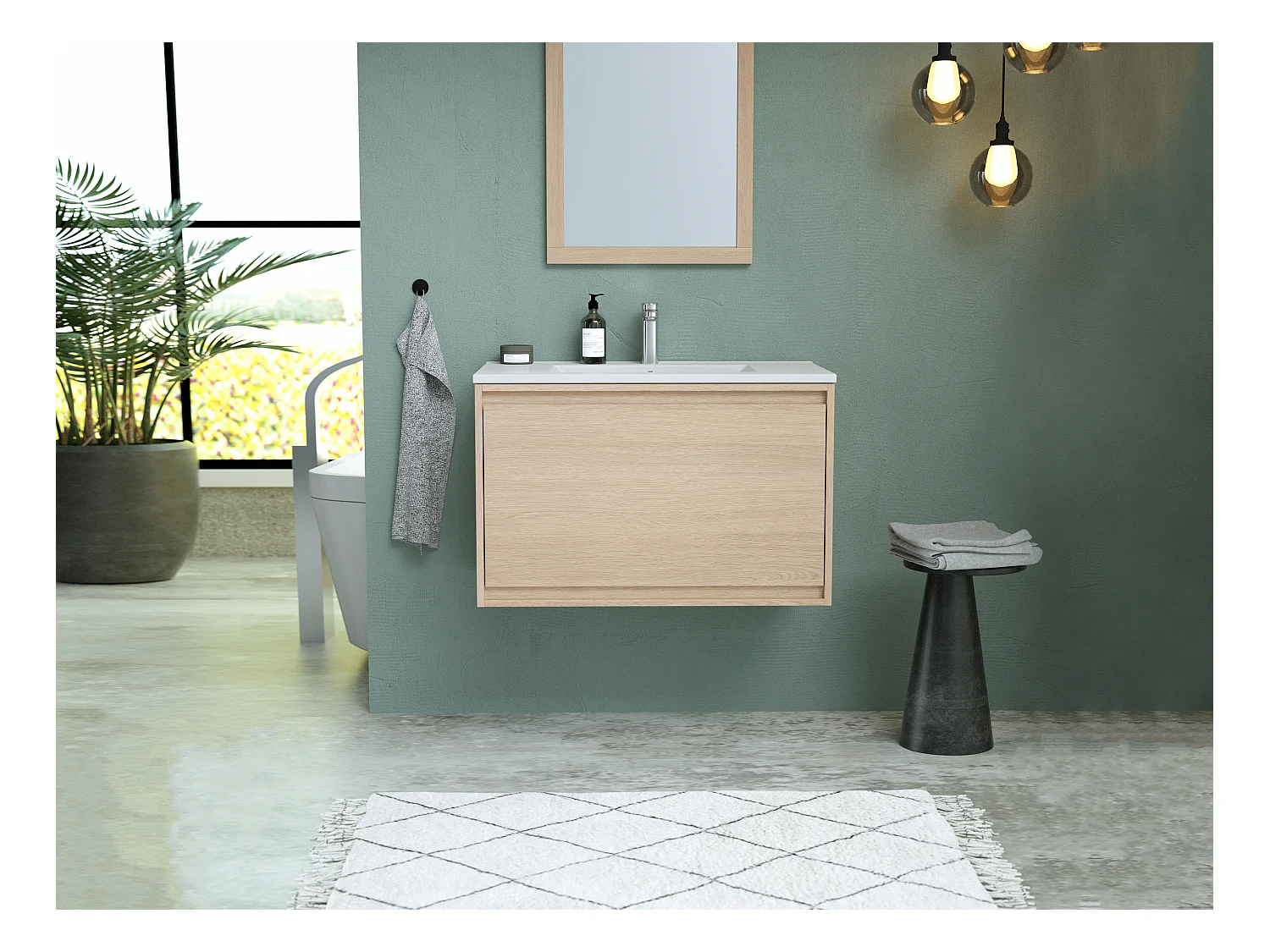 Hangmeubel voor badkamer met inbouwwastafel - Eikenfineer - 80 cm - MESLIVA