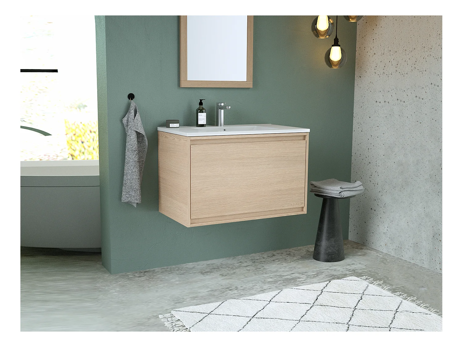 Hangmeubel voor badkamer met inbouwwastafel - Eikenfineer - 80 cm - MESLIVA