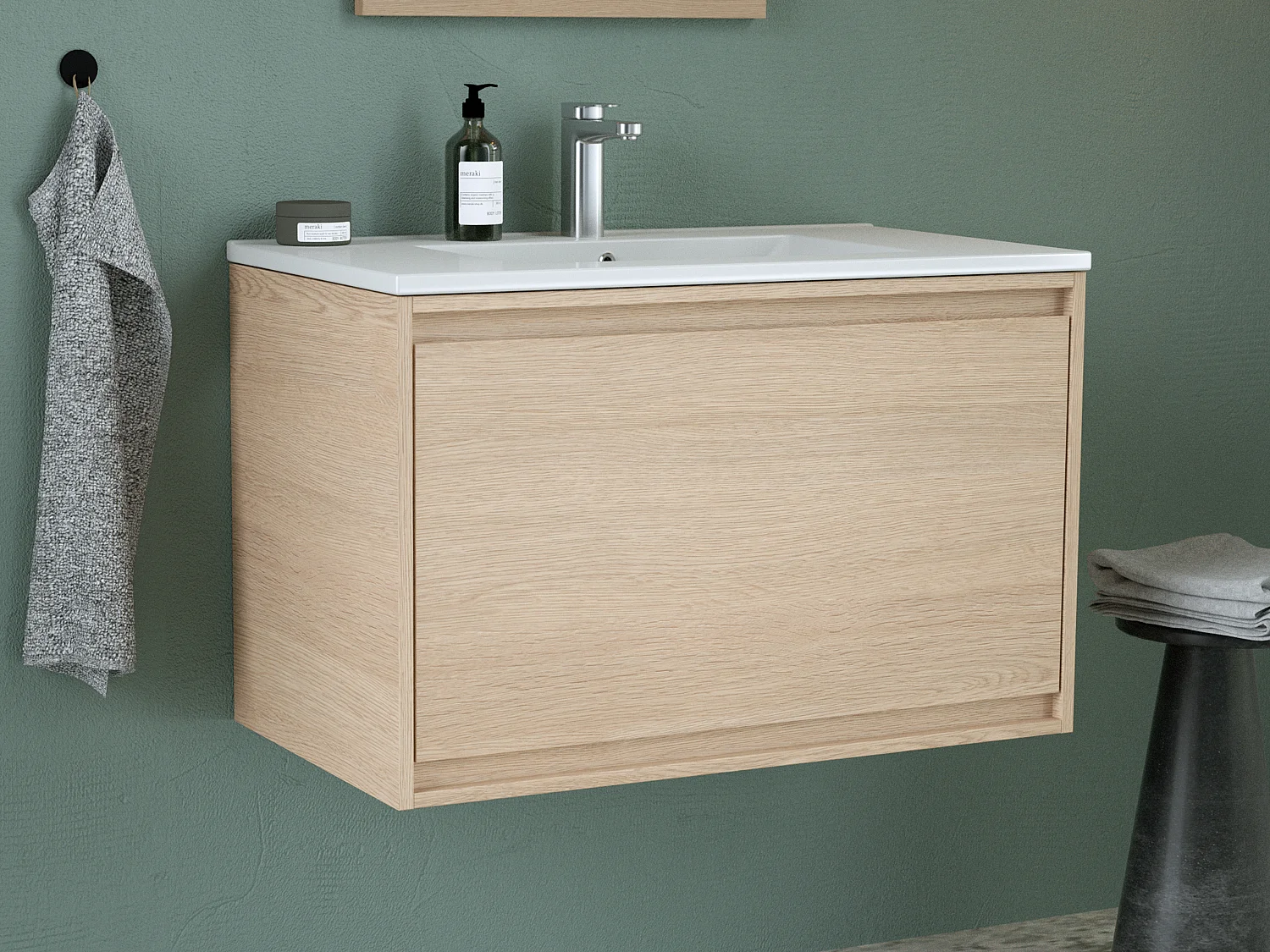 Hangmeubel voor badkamer met inbouwwastafel - Eikenfineer - 80 cm - MESLIVA