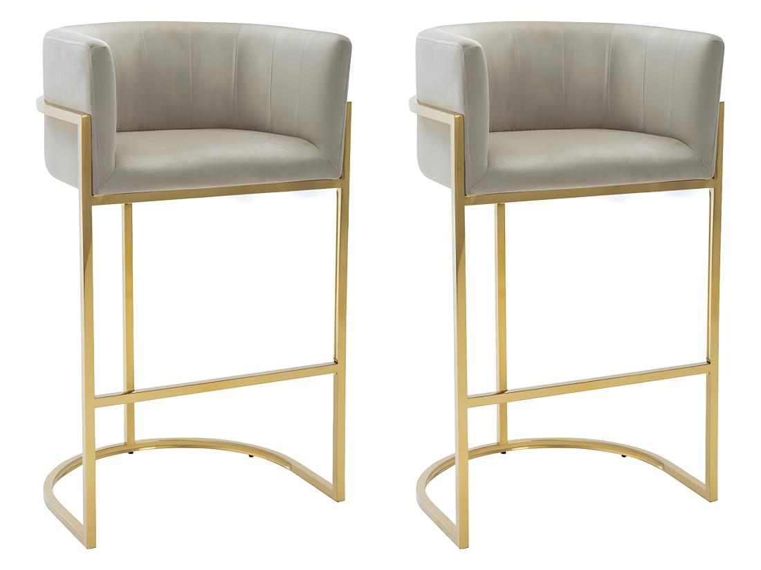 vente unique Lot de 2 tabourets de bar en velours et acier inoxydable - Beige et doré - PERIA de Pascal MORABITO