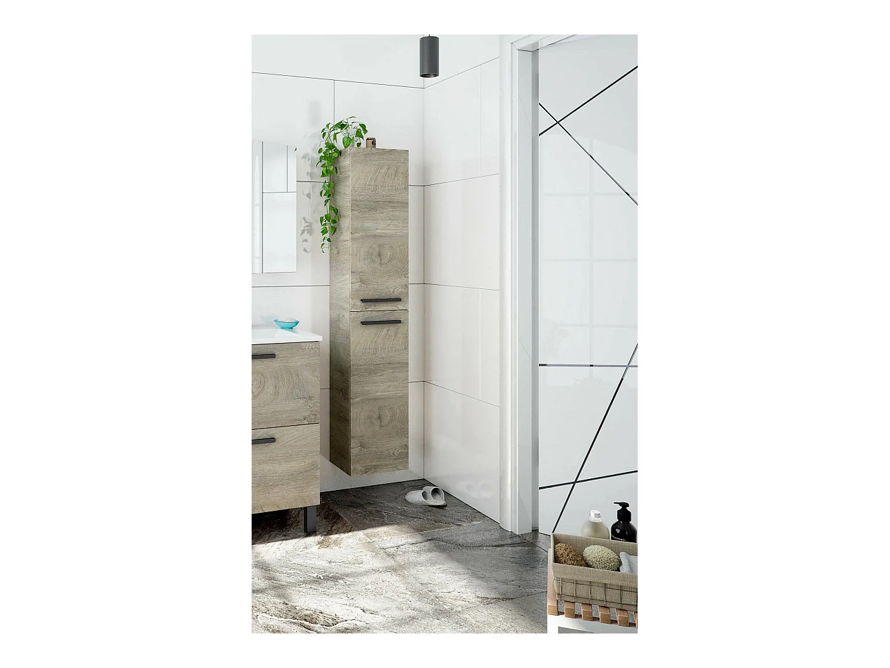 Badezimmersäule Alexandria, Säulenschrank für Badezimmer mit 2 Türen, Hängeschrank mit 2 Einlegeböden, 30x25h150 cm, Eiche