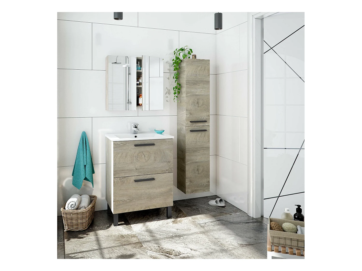 Badezimmersäule Alexandria, Säulenschrank für Badezimmer mit 2 Türen, Hängeschrank mit 2 Einlegeböden, 30x25h150 cm, Eiche