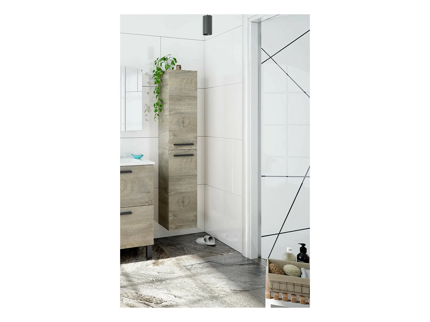 Colonne de salle de bain Alexandria, Armoire colonne de salle de bain avec 2 portes, Armoire murale suspendue avec 2 étagères, 30x25h150 cm, Chêne