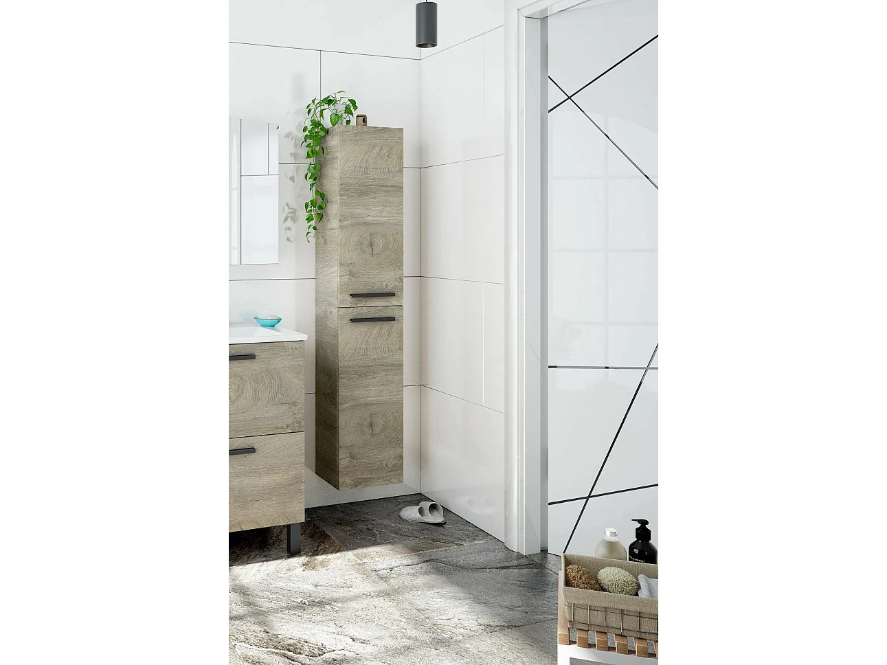 Colonne de salle de bain Alexandria, Armoire colonne de salle de bain avec 2 portes, Armoire murale suspendue avec 2 étagères, 30x25h150 cm, Chêne