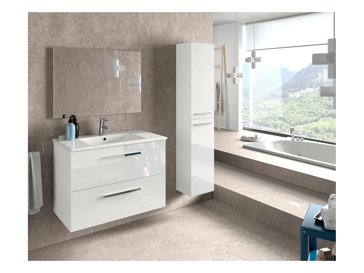Columna de baño Alexandria, Mueble columna para baño con 2 puertas, Mueble de pared suspendido con 2 baldas, 30x25h150 cm, Blanco brillante