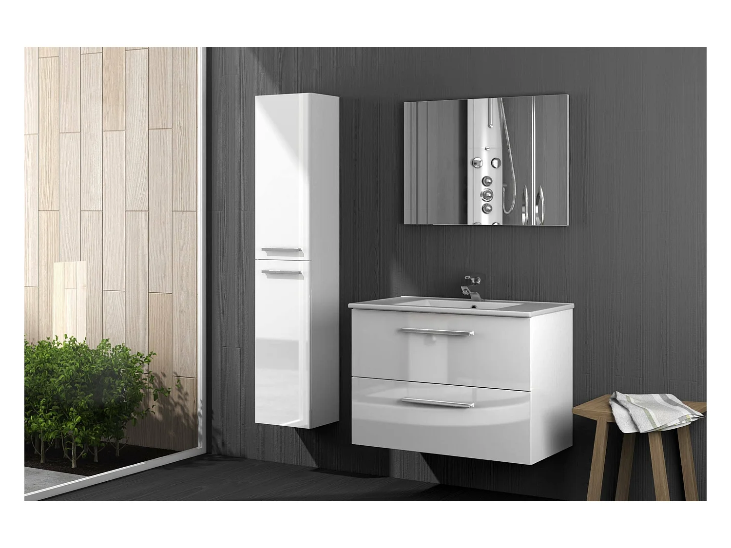 Columna de baño Alexandria, Mueble columna para baño con 2 puertas, Mueble de pared suspendido con 2 baldas, 30x25h150 cm, Blanco brillante
