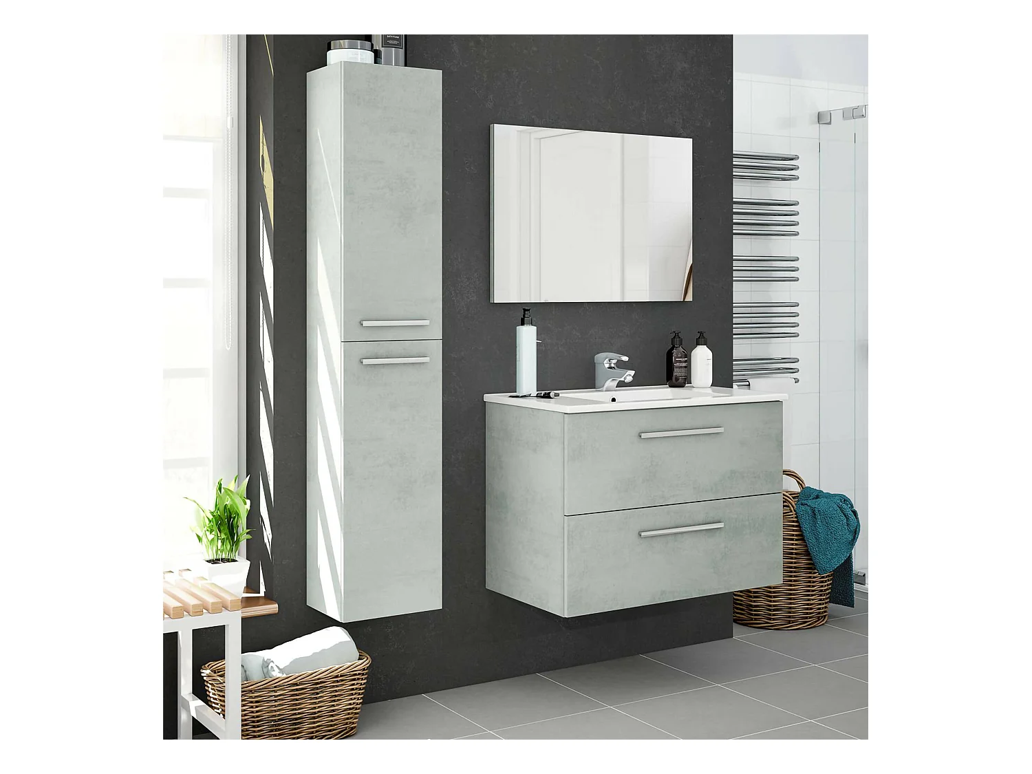 Alexandria badkamerkolom, Badkamerkolomkast met 2 deuren, Hangende wandkast met 2 planken, 30x25h150 cm, Betongrijs