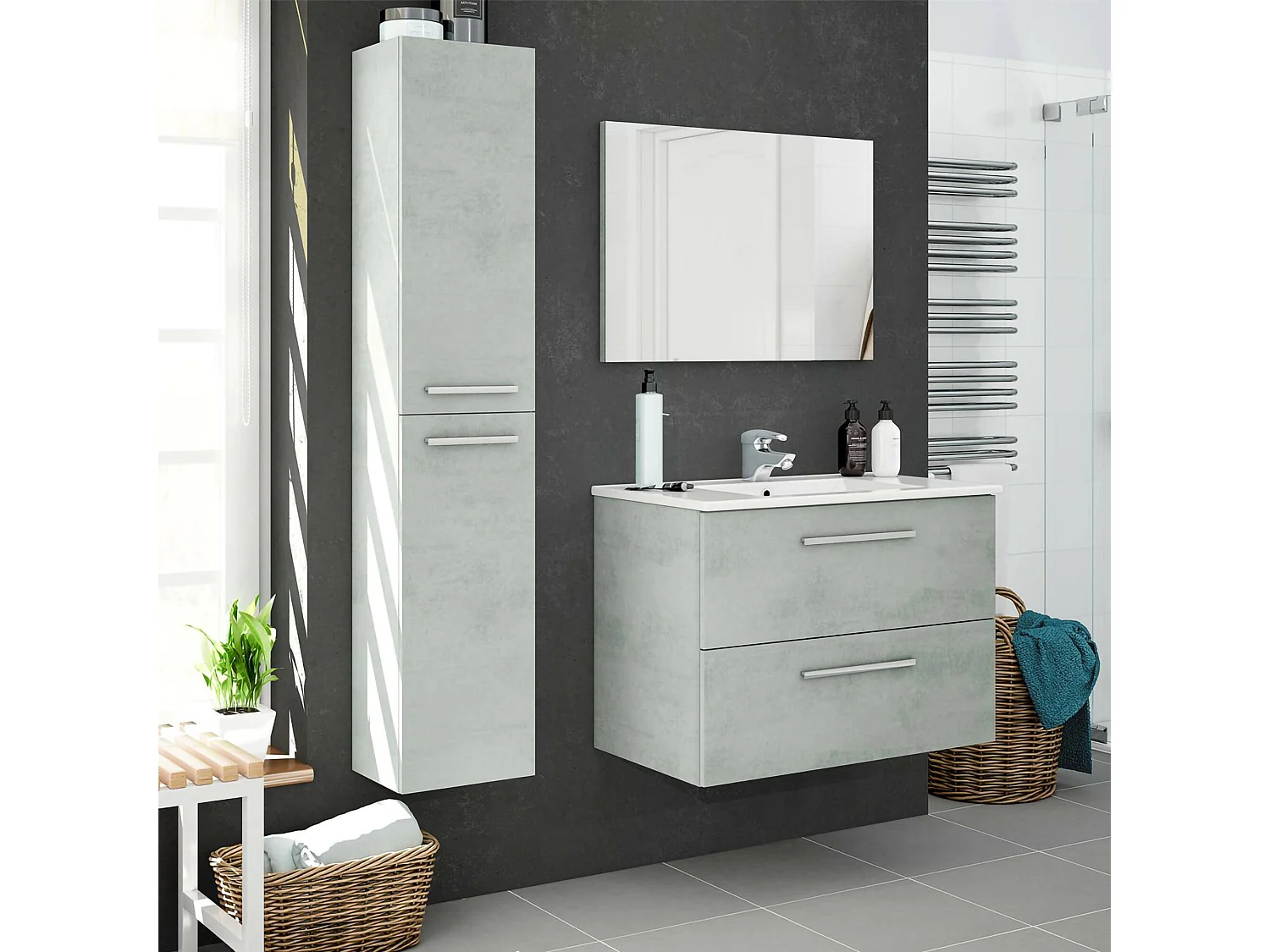 Colonne de salle de bain Alexandria, Armoire colonne de salle de bain avec 2 portes, Armoire murale suspendue avec 2 étagères, 30x25h150 cm, Gris béton