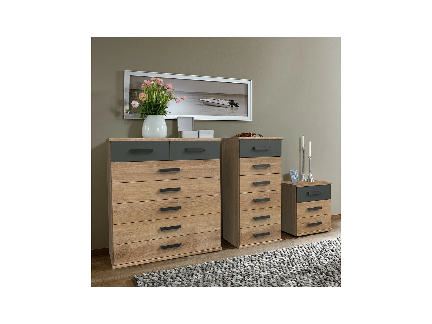 Commode 7 tiroirs décor chêne et graphite - L91 cm