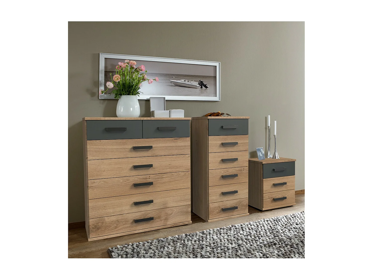 Commode 7 tiroirs décor chêne et graphite - L91 cm