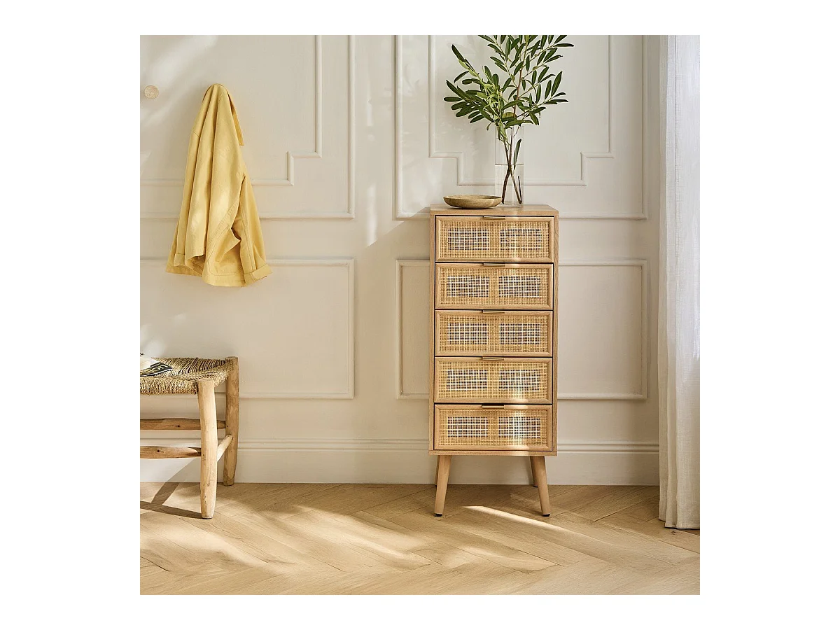 Ladekast met 5 lades en natuurlijke rotan voorkant - L36,5 x H100,5 cm - MIYA