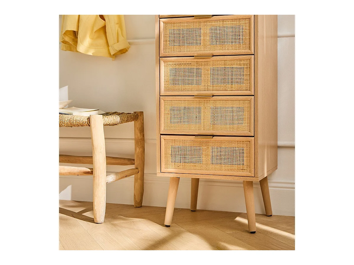 Ladekast met 5 lades en natuurlijke rotan voorkant - L36,5 x H100,5 cm - MIYA