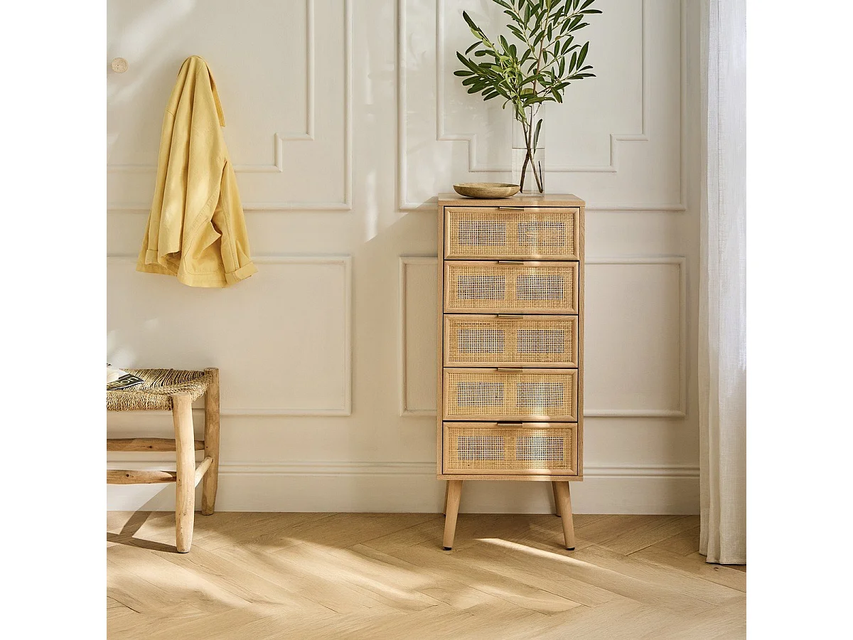 Ladekast met 5 lades en natuurlijke rotan voorkant - L36,5 x H100,5 cm - MIYA