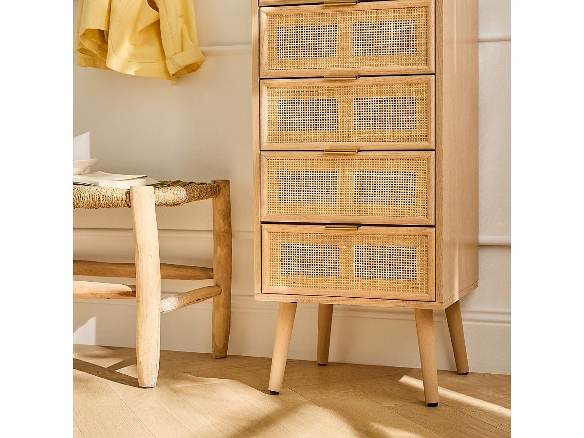 Ladekast met 5 lades en natuurlijke rotan voorkant - L36,5 x H100,5 cm - MIYA