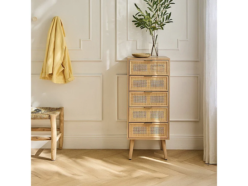 Chifonier 5 cajones con frentes de mimbre natural - L36.5 cm - MIYA